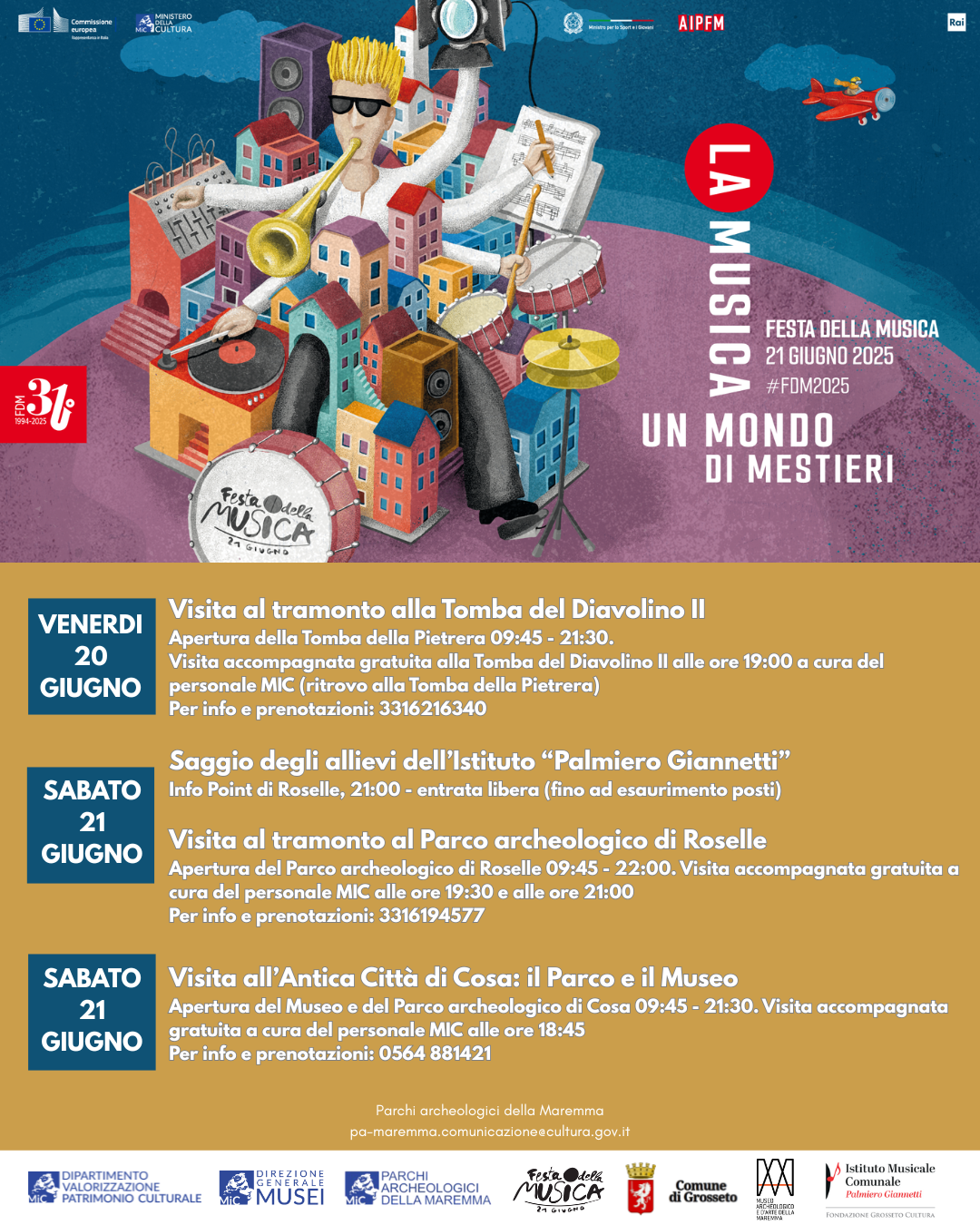 Concerto dei giovani allievi dell'Istituto musicale "Palmiero Giannetti" di Grosseto e visite accompagnate al tramonto al Parco Archeologico di Roselle